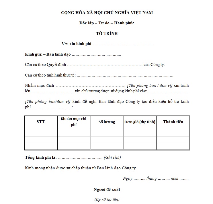 Tờ trình xin kinh phí là một văn bản hành chính được sử dụng thường xuyên trong các doanh nghiệp