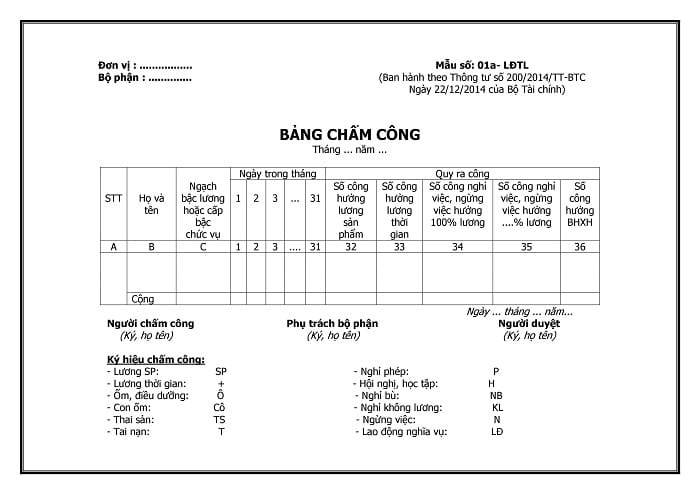 bảng chấm c&ocirc;ng theo th&ocirc;ng tư 200