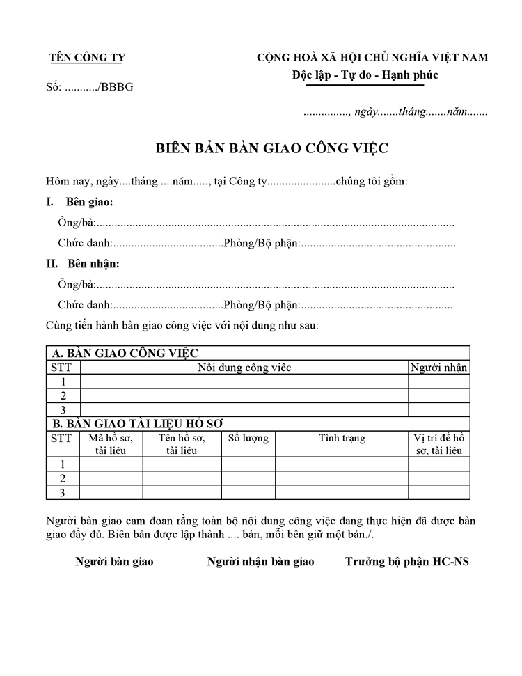 Bi&ecirc;n bản b&agrave;n giao c&ocirc;ng việc