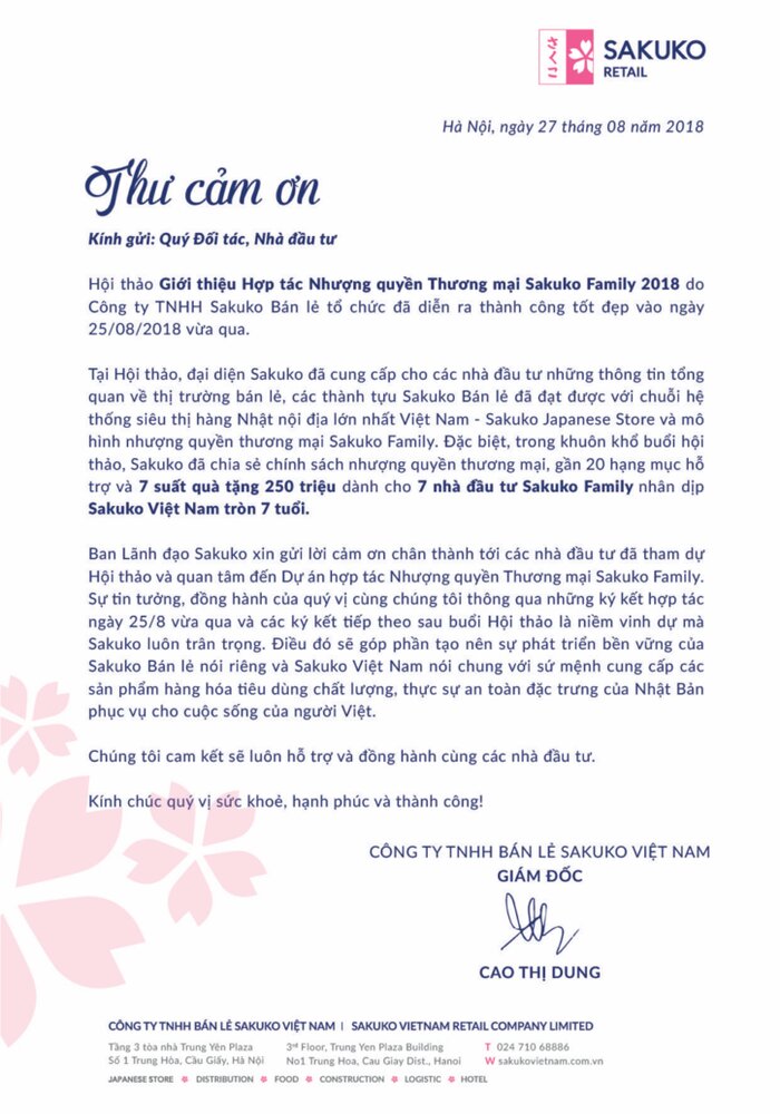 Mẫu thư cảm ơn đối t&aacute;c