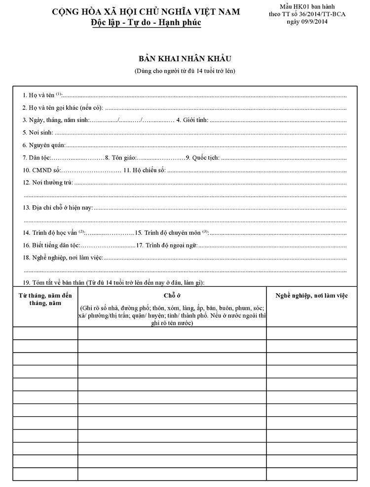 Mẫu bản khai nh&acirc;n khẩu
