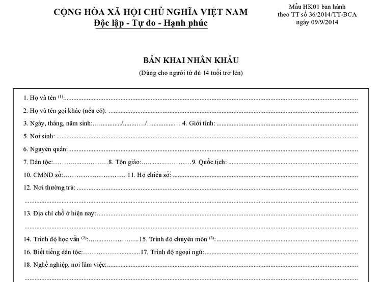Mẫu bản khai nh&acirc;n khẩu