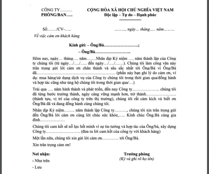 Mẫu thư cảm ơn kh&aacute;ch h&agrave;ng