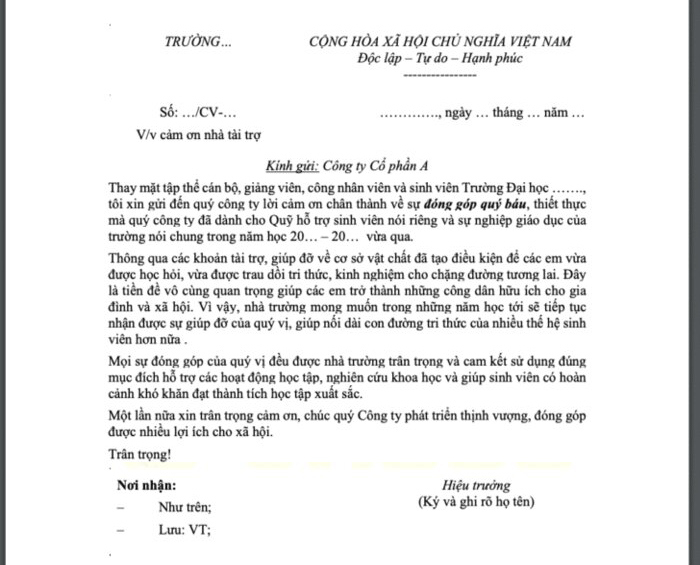 Mẫu thư cảm ơn nh&agrave; t&agrave;i trợ