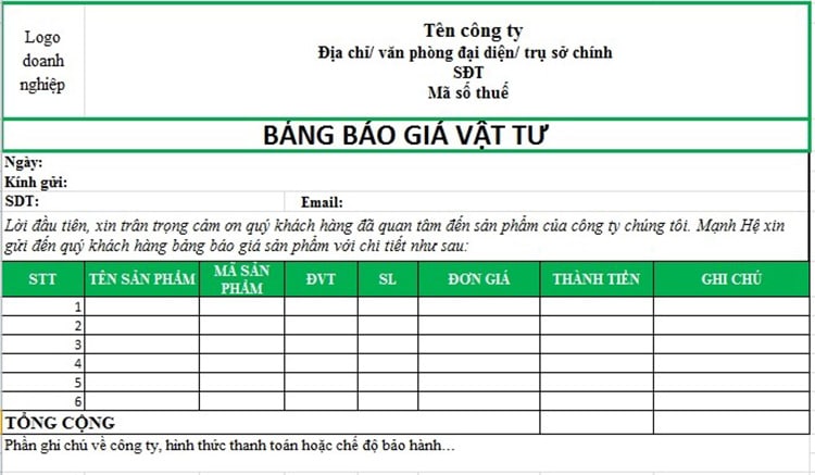 Mẫu báo giá sản phẩm, dịch vụ