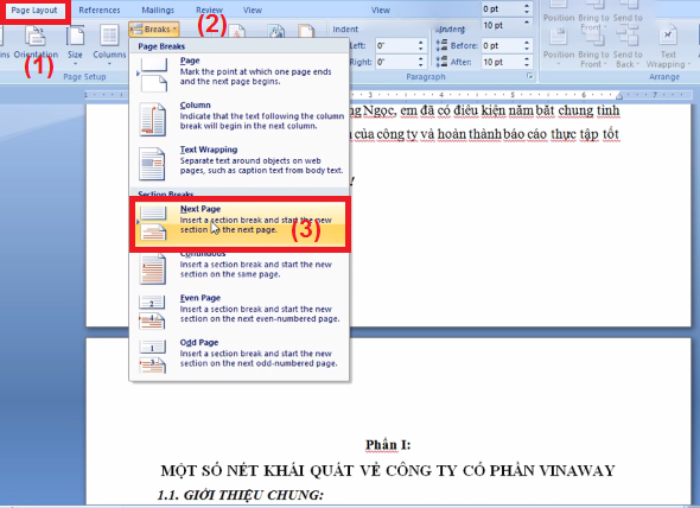 Đ&aacute;nh số trang từ 1 trang bất kỳ trong Word 2007 bước 2