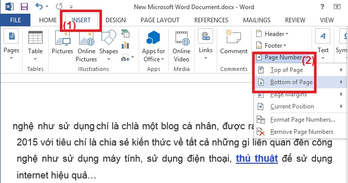Đ&aacute;nh số trang từ trang bất kỳ trong Word 2013