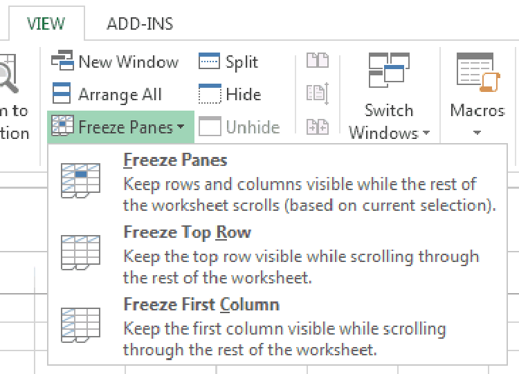Giao diện c&ocirc;ng cụ freeze panes