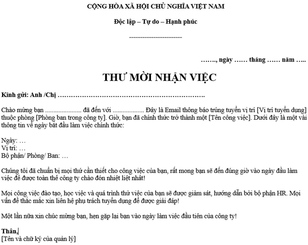 Ví dụ cụ thể về cách viết thư mời làm việc