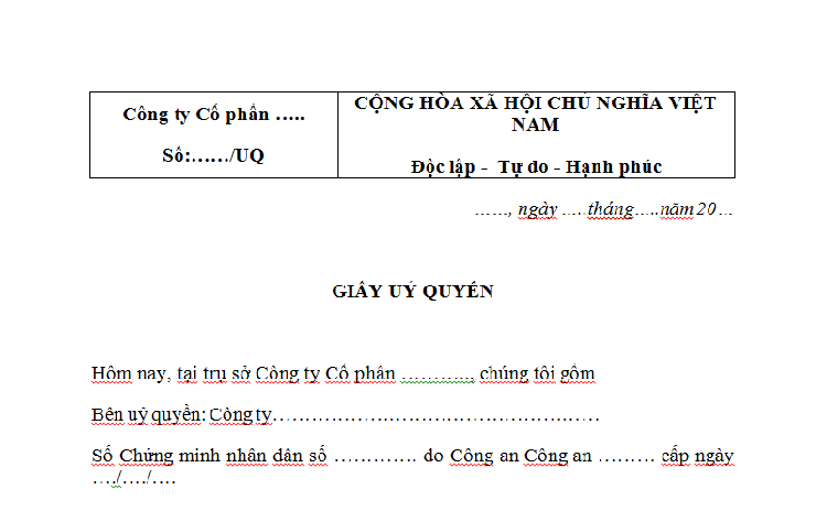 Mẫu giấy uỷ quyền công ty
