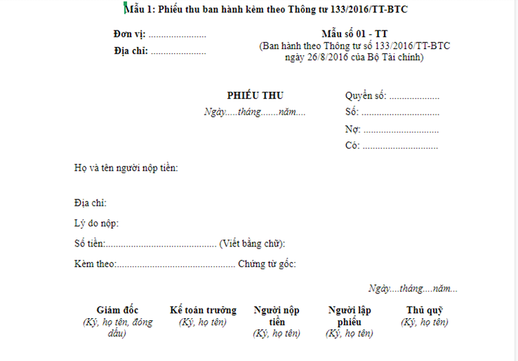 Mẫu phiếu thu theo th&ocirc;ng tư 