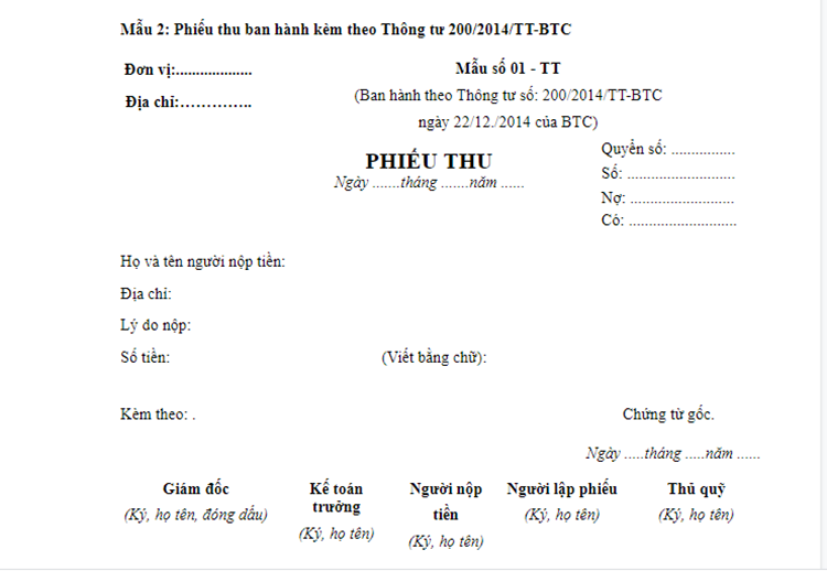 Mẫu phiếu thu theo th&ocirc;ng tư 200