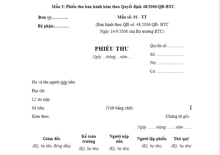 Mẫu phiếu thu theo th&ocirc;ng tư 48