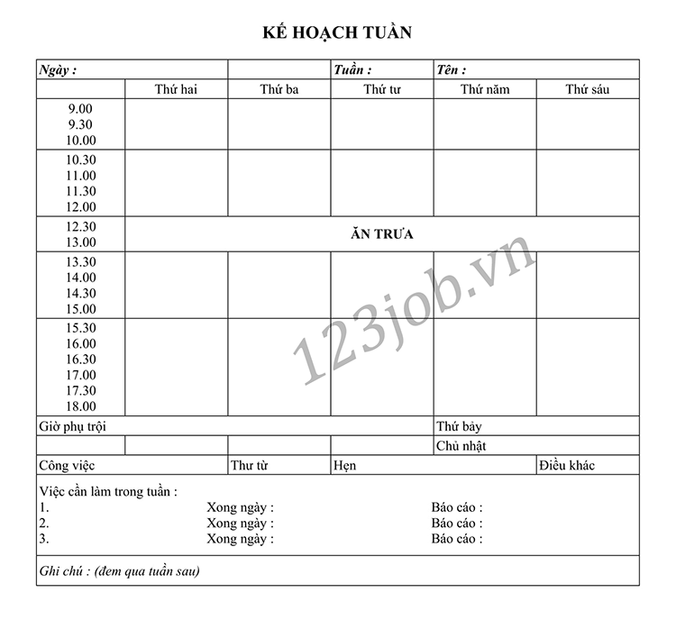 kế hoạch tuần/ngày kỹ năng quản lý thời gian