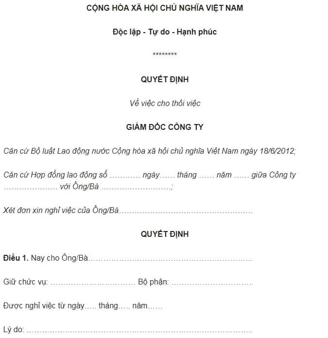 mẫu quyết định nghỉ việc