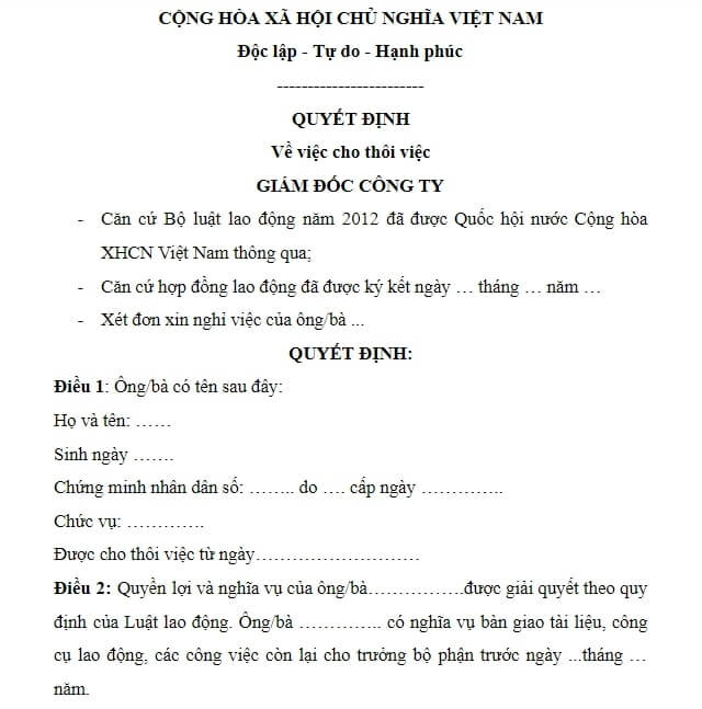 Mẫu quyết định cho nghỉ việc