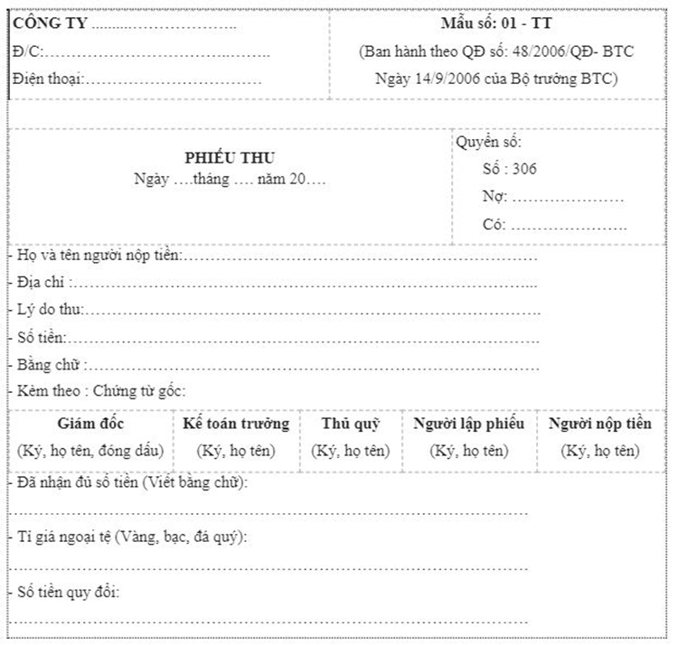Phiếu thu ban h&agrave;nh theo quyết định 48