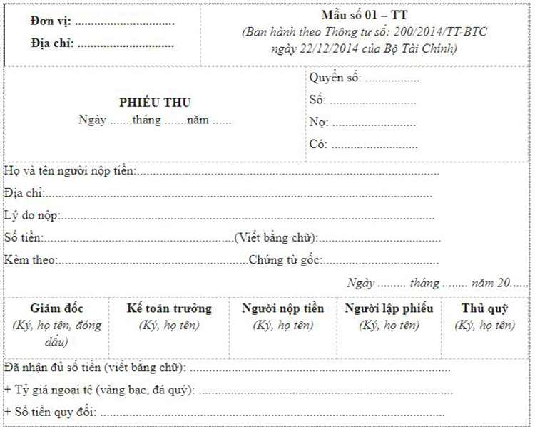mẫu phiếu thu 200
