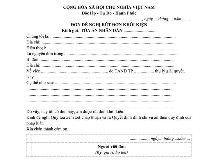 Mẫu đơn đề nghị r&uacute;t đơn khởi kiện&nbsp;