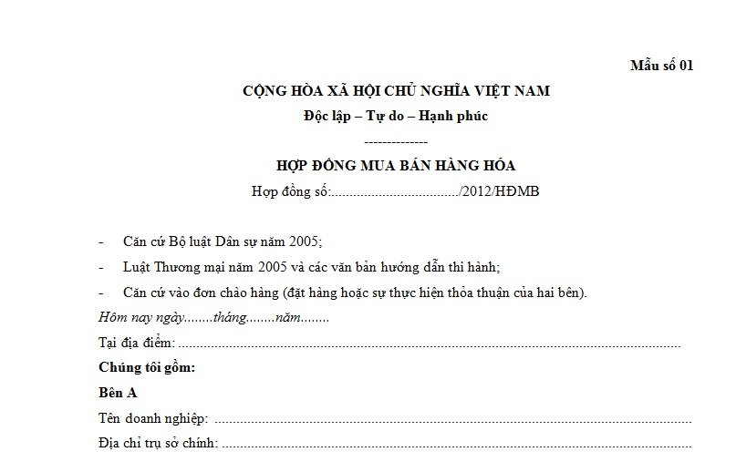 Hợp đồng mua b&aacute;n đơn giản