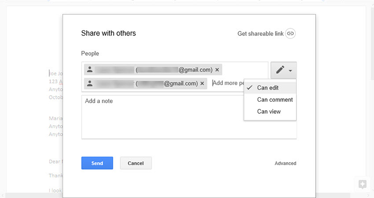 T&ugrave;y chọn cộng t&aacute;c vi&ecirc;n google docs