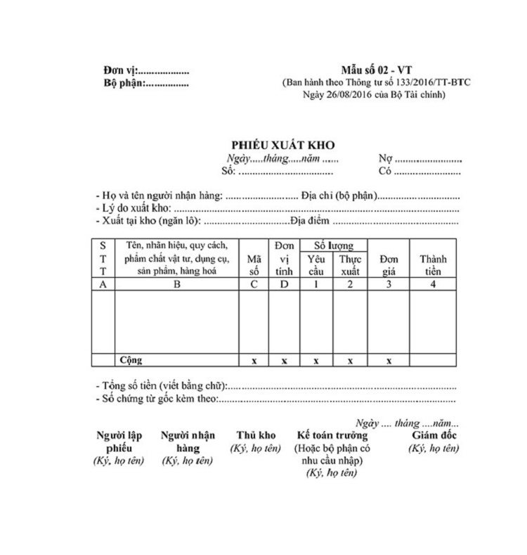Phiếu xuất kho tt133