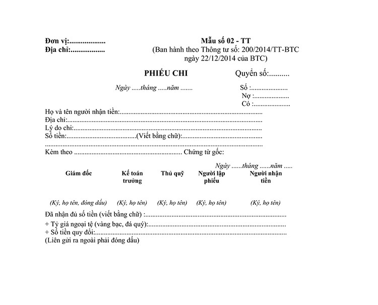 Mẫu phiếu chi theo th&ocirc;ng tư 200