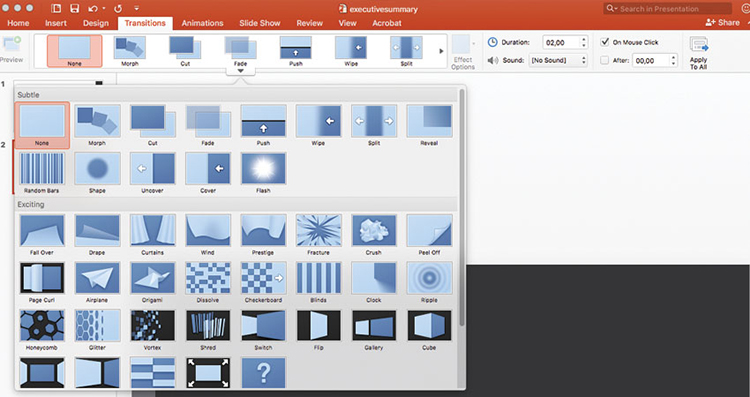 Một loạt c&aacute;c qu&aacute; tr&igrave;nh chuyển đổi hiệu ứng động, bạn c&oacute; thể sử dụng trong PowerPoint.