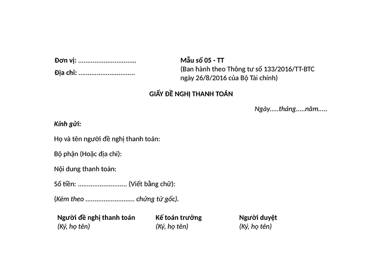 Mẫu giấy đề nghị thanh to&aacute;n ban h&agrave;nh k&egrave;m theo Th&ocirc;ng tư 133/2016/TT-BTC&nbsp;