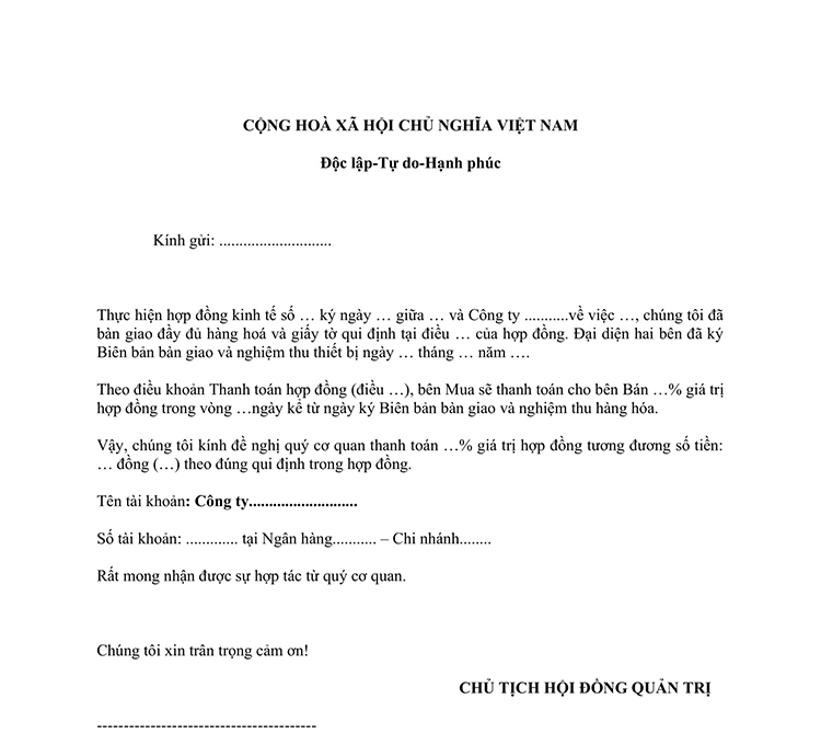 Mẫu giấy đề nghị thanh to&aacute;n 