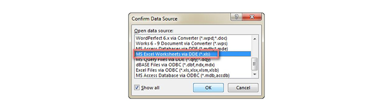 chọn MS Excel Worksheets via DDE (*.xls) v&agrave; nhấn OK