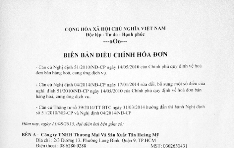 bi&ecirc;n bản điều chỉnh h&oacute;a đơn