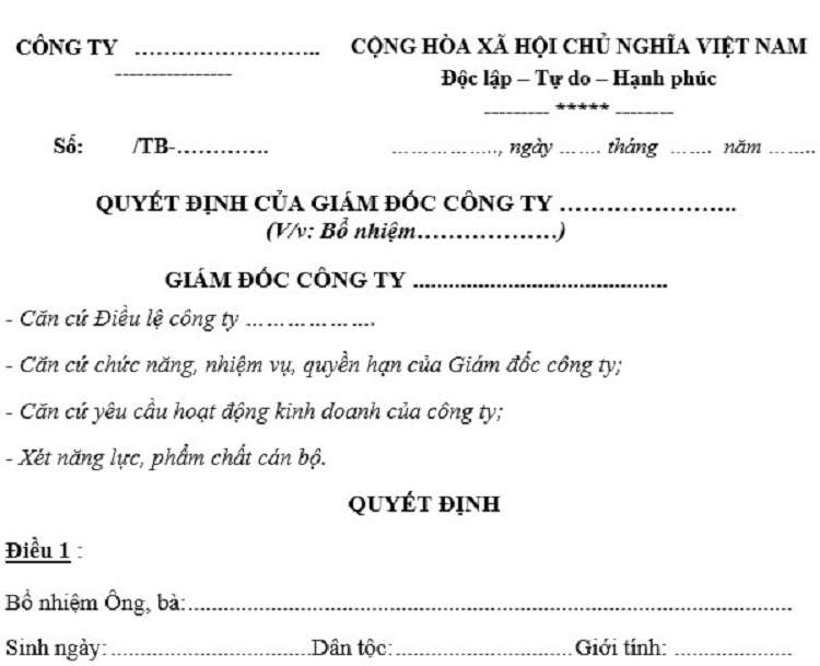 Mẫu quyết định bổ nhiệm gi&aacute;m đốc