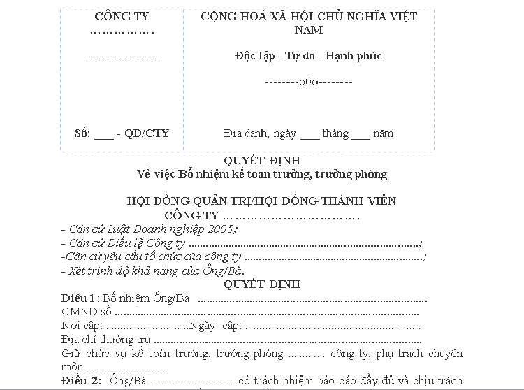 Mẫu quyết định bổ nhiệm kế to&aacute;n trưởng