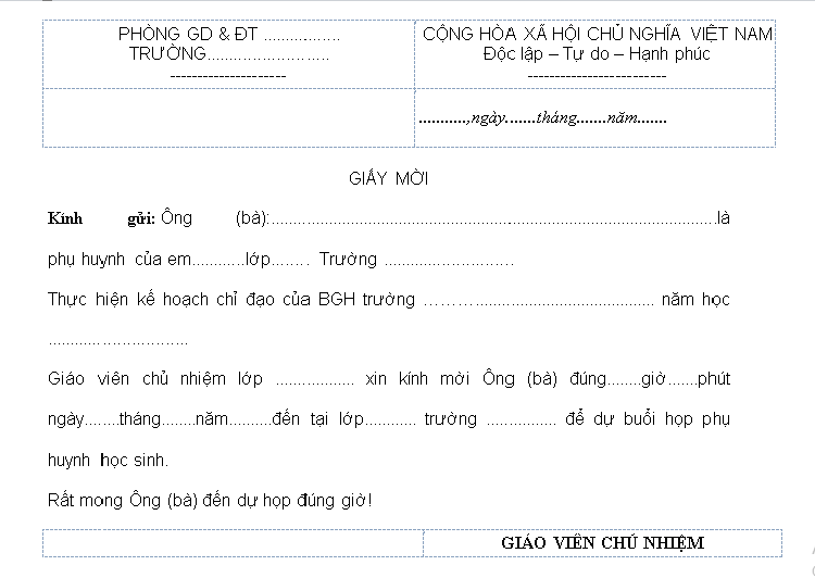 Mẫu giấy mời họp phụ huynh 