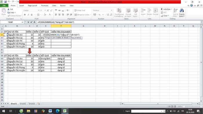 V&iacute; dụ kết hợp h&agrave;m if excel v&agrave; h&agrave;m isnumber