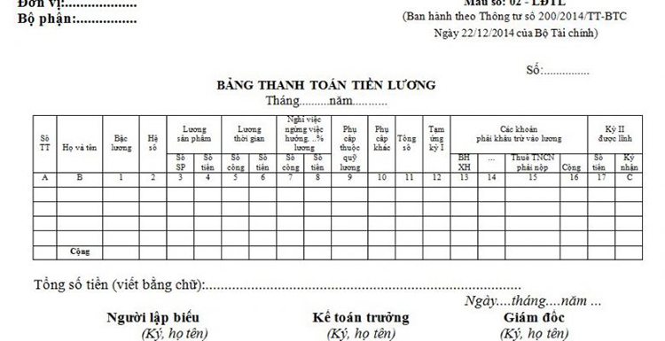 mẫu bảng lương nh&acirc;n vi&ecirc;n