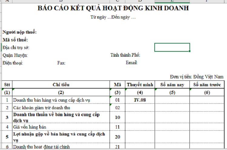 báo cáo kết quả kinh doanh chuẩn nhất