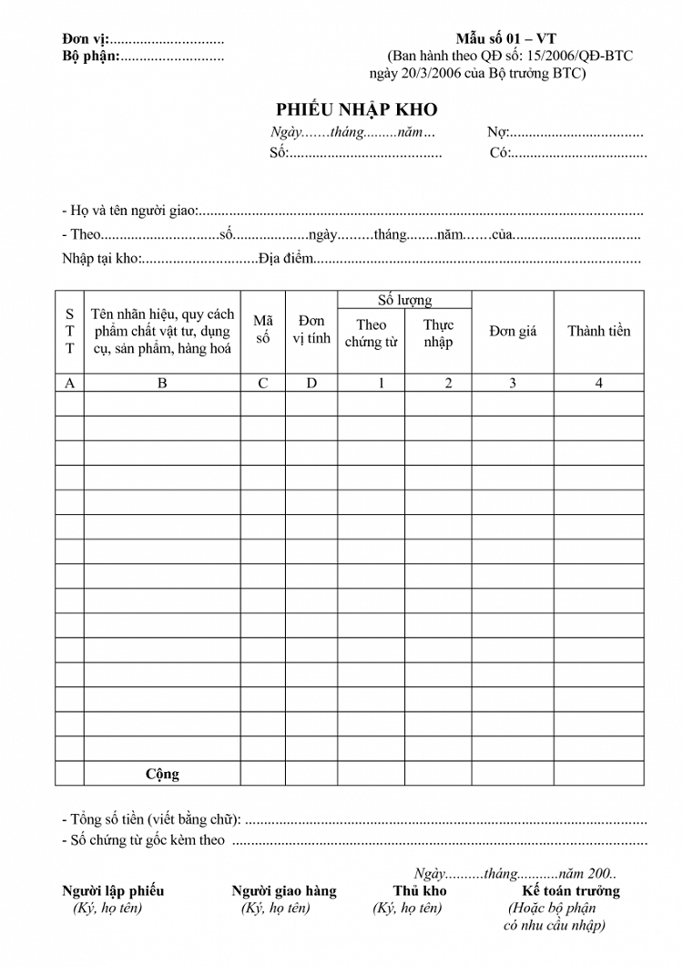 c&aacute;ch điền phiếu nhập kho