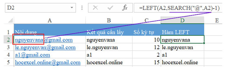 Thực hiện t&aacute;ch phần t&ecirc;n trong mỗi đoạn email
