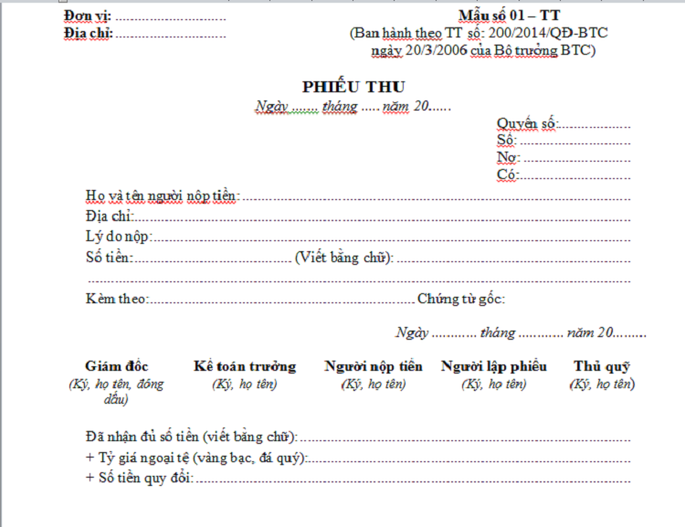 nội dung tr&igrave;nh b&agrave;y mẫu phiếu thu 01-TT