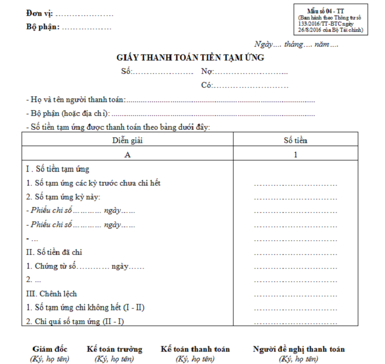 mẫu giấy thanh to&aacute;n tạm ứng