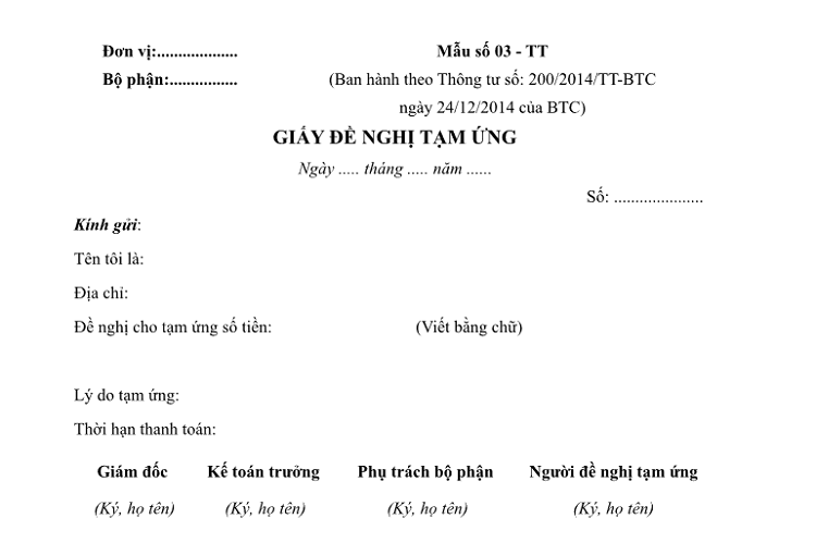 mẫu giấy đề nghị tạm ứng theo th&ocirc;ng tư 113