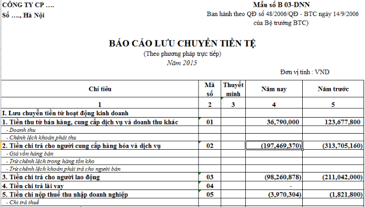 Những th&ocirc;ng tin cần thiết cho một mẫu b&aacute;o c&aacute;o lưu chuyển tiền tệ