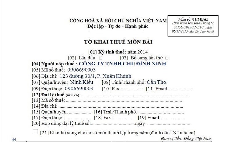 thời hạn nộp tờ khai thuế m&ocirc;n b&agrave;i