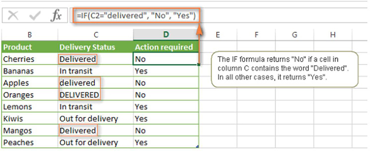 C&ocirc;ng thức h&agrave;m IF trong Excel kh&ocirc;ng ph&acirc;n biệt chữ hoa hay chữ thường cho c&aacute;c k&yacute; tự