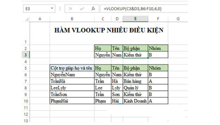 c&ocirc;ng thức &aacute;p dụng h&agrave;m VLOOKUP nhiều điều kiện tại E3