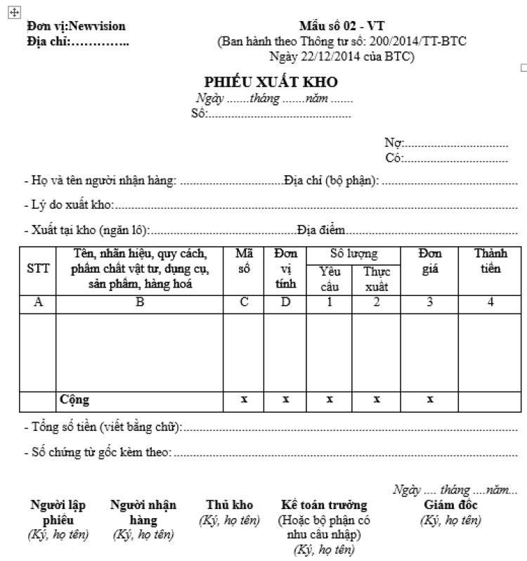 Mẫu phiếu nhập kho theo th&ocirc;ng tư 200 - Bản VT 02