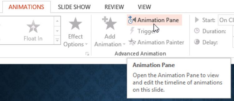 Vị tr&iacute; của Animation Pane nằm tr&ecirc;n thanh c&ocirc;ng cụ Ribbon