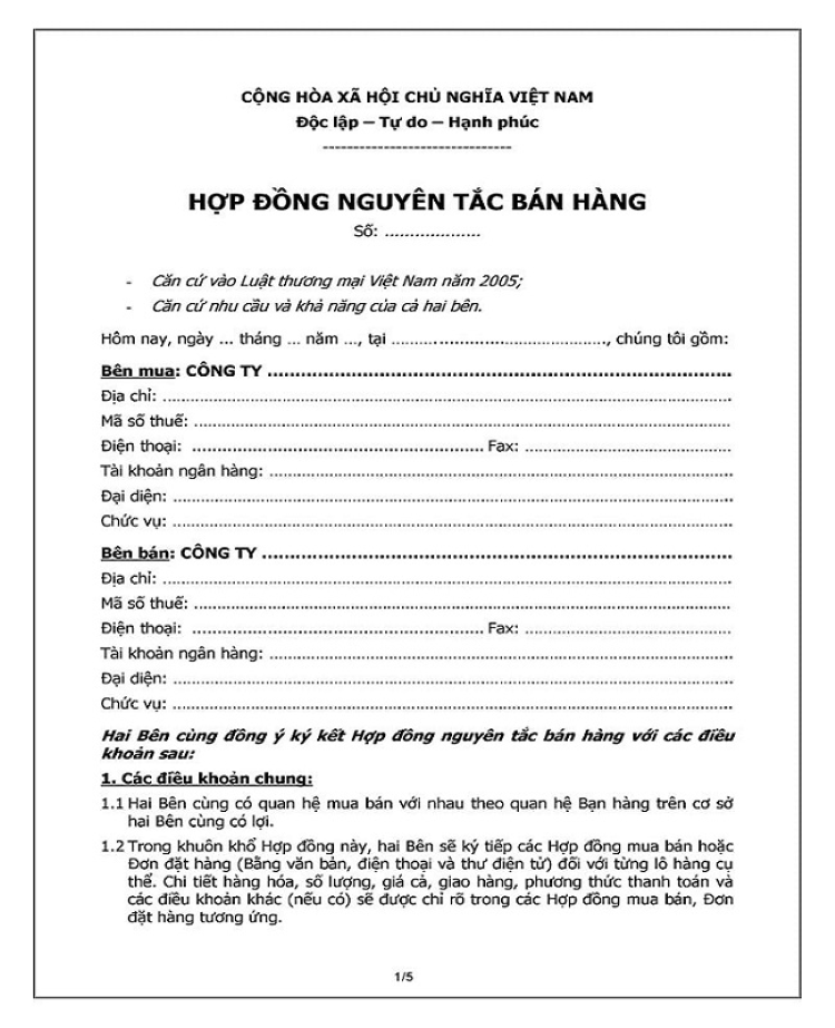Mẫu hợp đồng nguy&ecirc;n tắc b&aacute;n h&agrave;ng 1